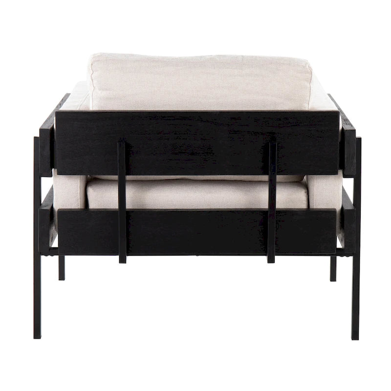 Fauteuil d'appoint rustique, assise rembourrée, piètement en métal, accents de panneaux de bois, salon