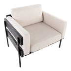 Fauteuil d'appoint rustique, assise rembourrée, piètement en métal, accents de panneaux de bois, salon