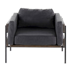 Fauteuil d'appoint rustique, assise rembourrée, piètement en métal, accents de panneaux de bois, salon