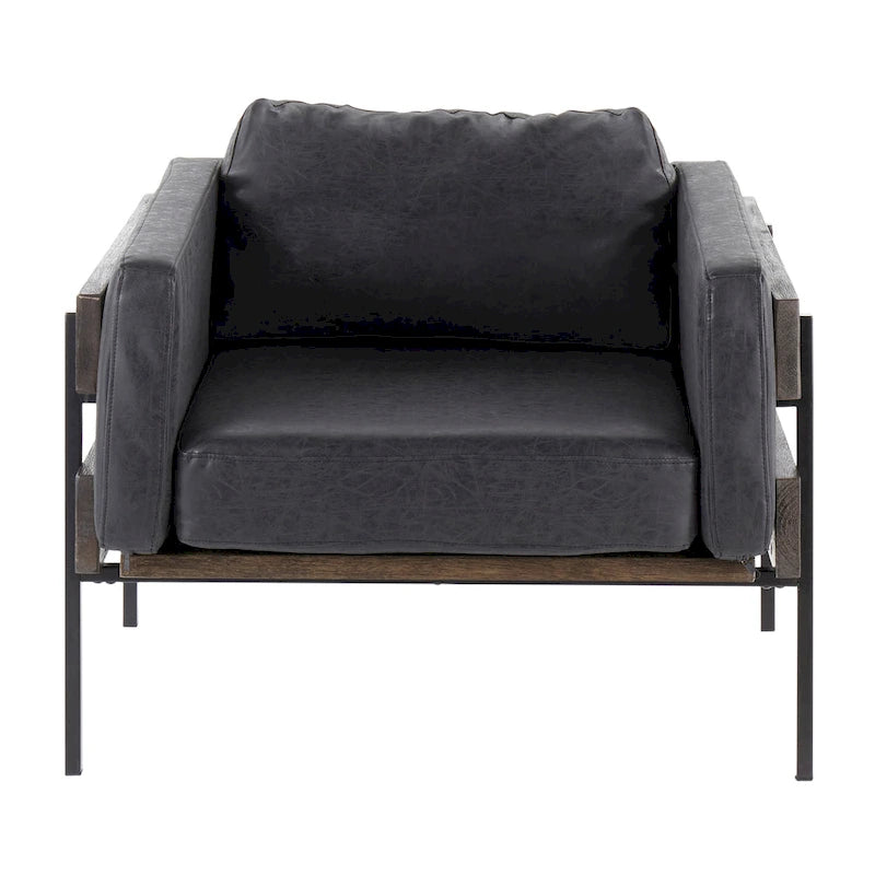 Fauteuil d'appoint rustique, assise rembourrée, piètement en métal, accents de panneaux de bois, salon