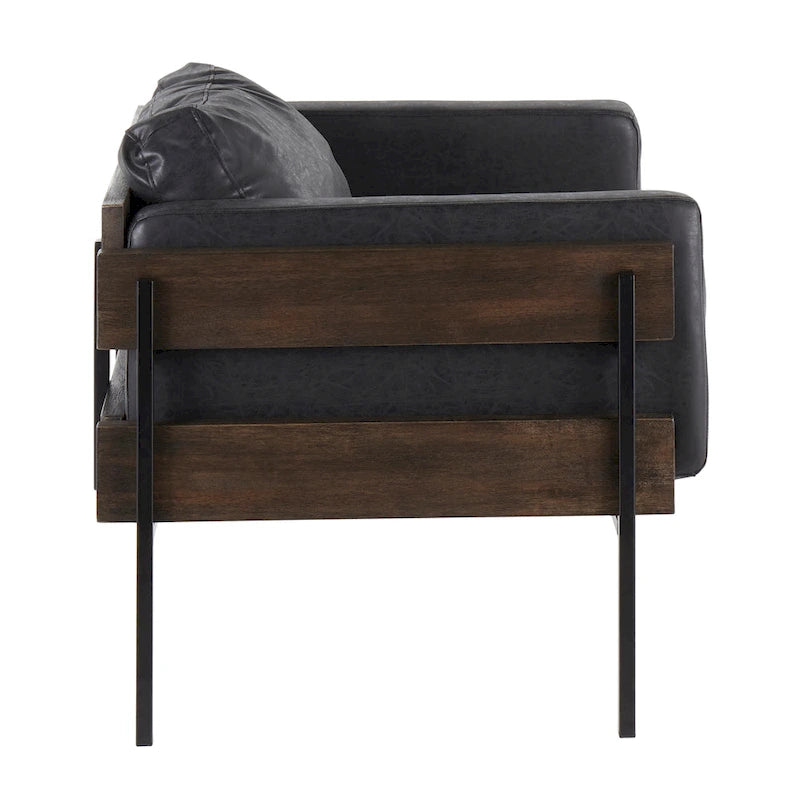 Fauteuil d'appoint rustique, assise rembourrée, piètement en métal, accents de panneaux de bois, salon