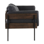 Fauteuil d'appoint rustique, assise rembourrée, piètement en métal, accents de panneaux de bois, salon