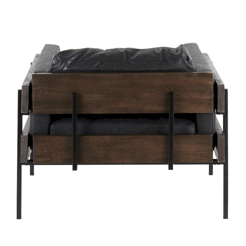 Fauteuil d'appoint rustique, assise rembourrée, piètement en métal, accents de panneaux de bois, salon
