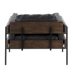Fauteuil d'appoint rustique, assise rembourrée, piètement en métal, accents de panneaux de bois, salon