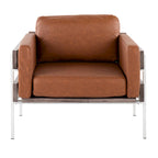 Fauteuil d'appoint rustique, assise rembourrée, piètement en métal, accents de panneaux de bois, salon