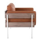 Fauteuil d'appoint rustique, assise rembourrée, piètement en métal, accents de panneaux de bois, salon