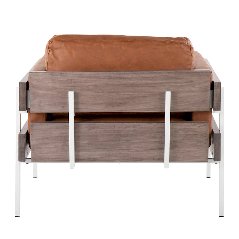Fauteuil d'appoint rustique, assise rembourrée, piètement en métal, accents de panneaux de bois, salon