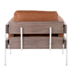 Fauteuil d'appoint rustique, assise rembourrée, piètement en métal, accents de panneaux de bois, salon