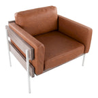 Fauteuil d'appoint rustique, assise rembourrée, piètement en métal, accents de panneaux de bois, salon