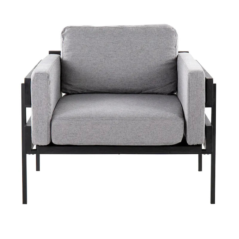 Fauteuil d'appoint rustique, assise rembourrée, piètement en métal, accents de panneaux de bois, salon