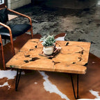 Table basse carrée en teck massif recyclé rustique avec pieds en métal noir pour intérieur et extérieur 89x89x38 cm