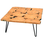 Table basse carrée en teck massif recyclé rustique avec pieds en métal noir pour intérieur et extérieur 89x89x38 cm