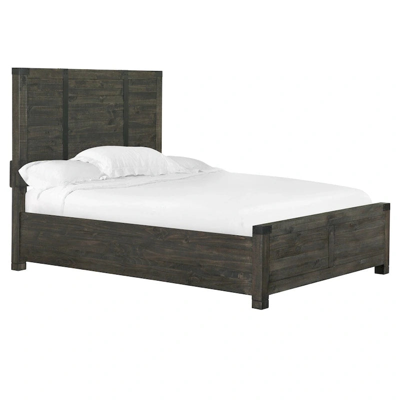 Cadre de lit à panneaux Fini charbon vieilli Bois massif Meuble de chambre traditionnel