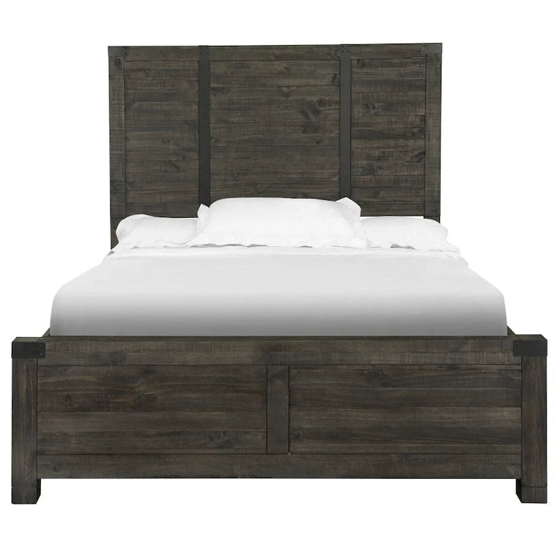 Cadre de lit à panneaux Fini charbon vieilli Bois massif Meuble de chambre traditionnel