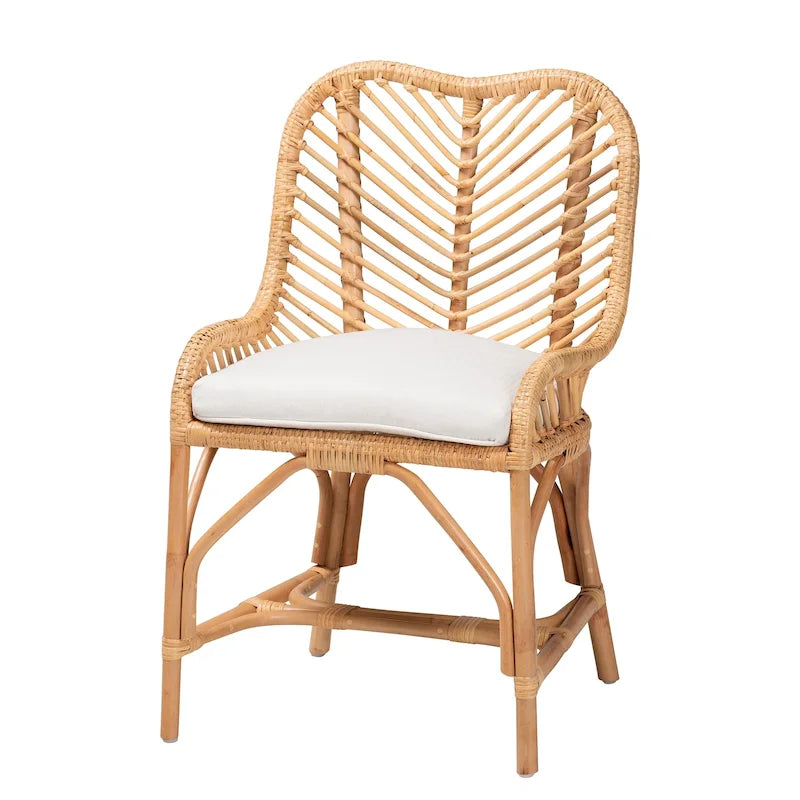 Chaise de salle à manger bohème faite à la main en rotin naturel avec coussin, piètement croisé, entièrement assemblée