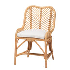Chaise de salle à manger bohème faite à la main en rotin naturel avec coussin, piètement croisé, entièrement assemblée