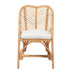 Chaise de salle à manger bohème faite à la main en rotin naturel avec coussin, piètement croisé, entièrement assemblée