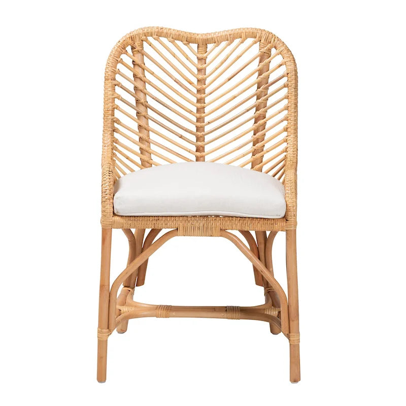 Chaise de salle à manger bohème faite à la main en rotin naturel avec coussin, piètement croisé, entièrement assemblée