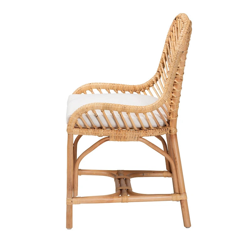 Chaise de salle à manger bohème faite à la main en rotin naturel avec coussin, piètement croisé, entièrement assemblée