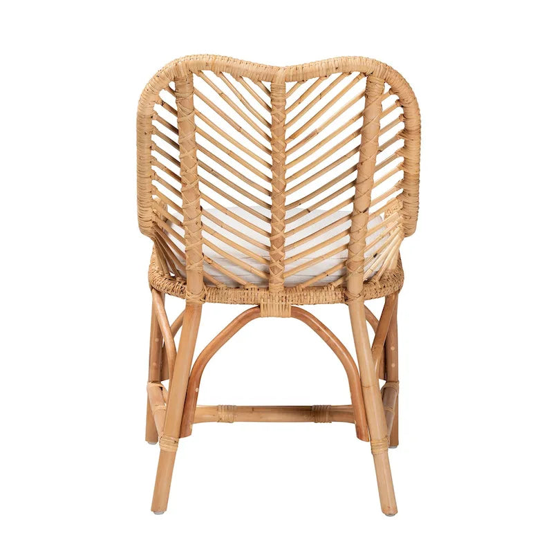 Chaise de salle à manger bohème faite à la main en rotin naturel avec coussin, piètement croisé, entièrement assemblée