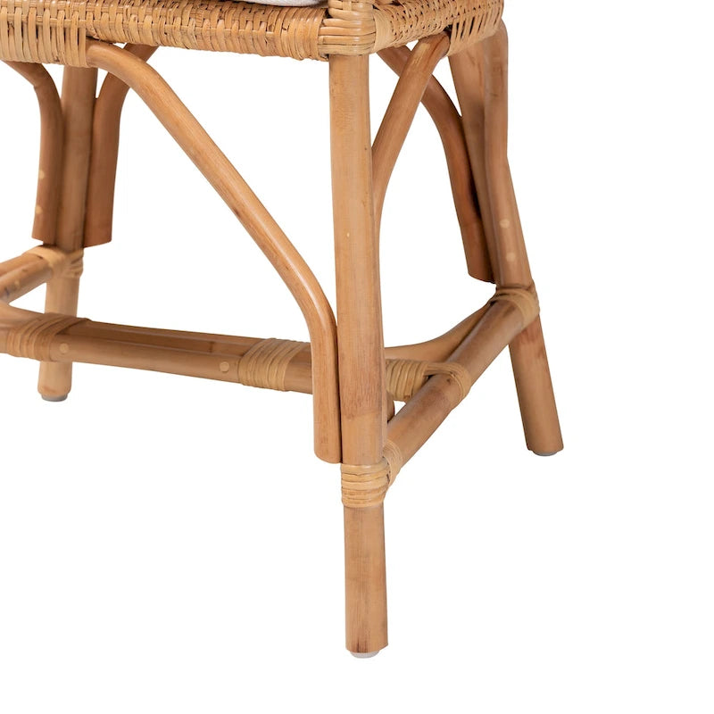 Chaise de salle à manger bohème faite à la main en rotin naturel avec coussin, piètement croisé, entièrement assemblée