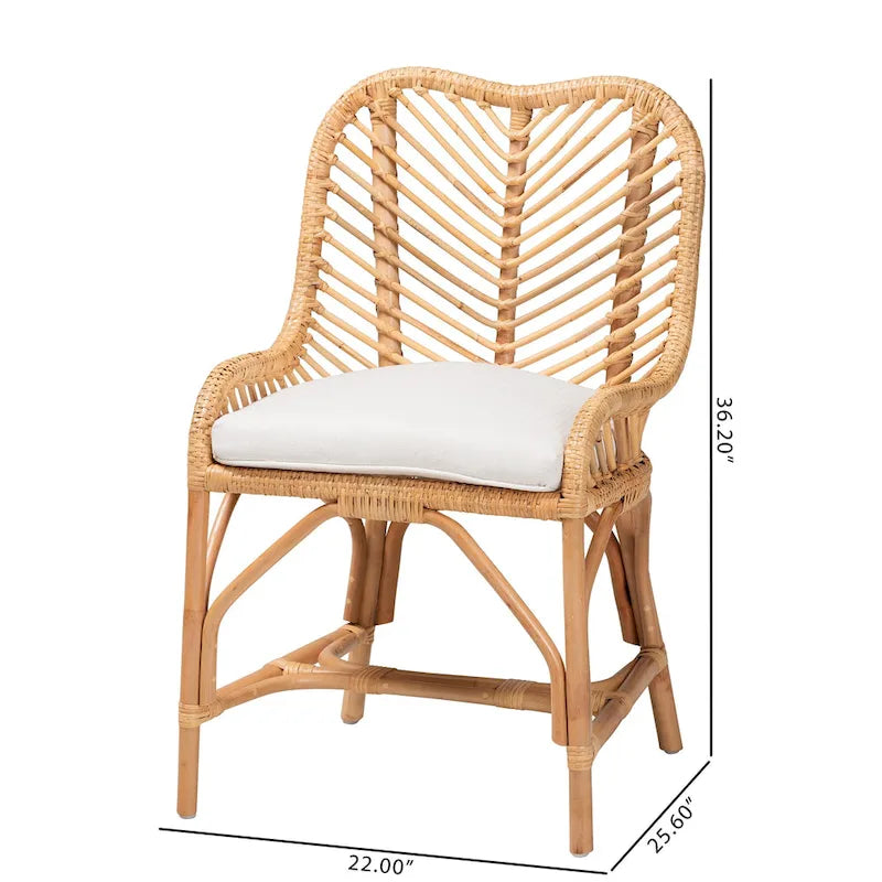 Chaise de salle à manger bohème faite à la main en rotin naturel avec coussin, piètement croisé, entièrement assemblée