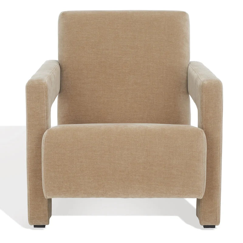 Fauteuil d'appoint moderne en velours, entièrement rembourré, avec dossier incliné, d'inspiration milieu de siècle.