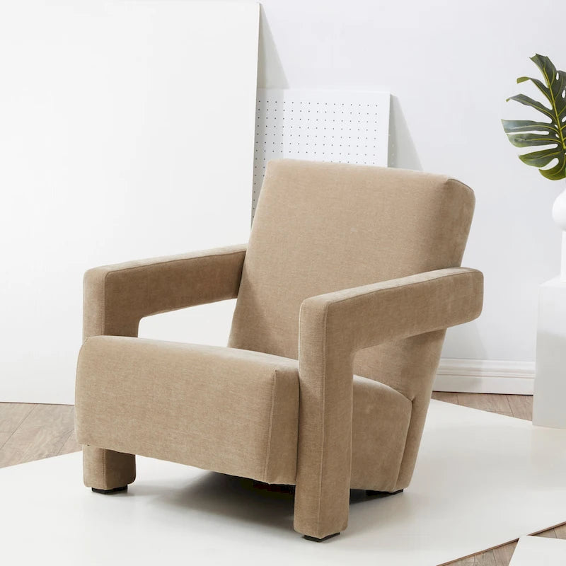 Fauteuil d'appoint moderne en velours, entièrement rembourré, avec dossier incliné, d'inspiration milieu de siècle.