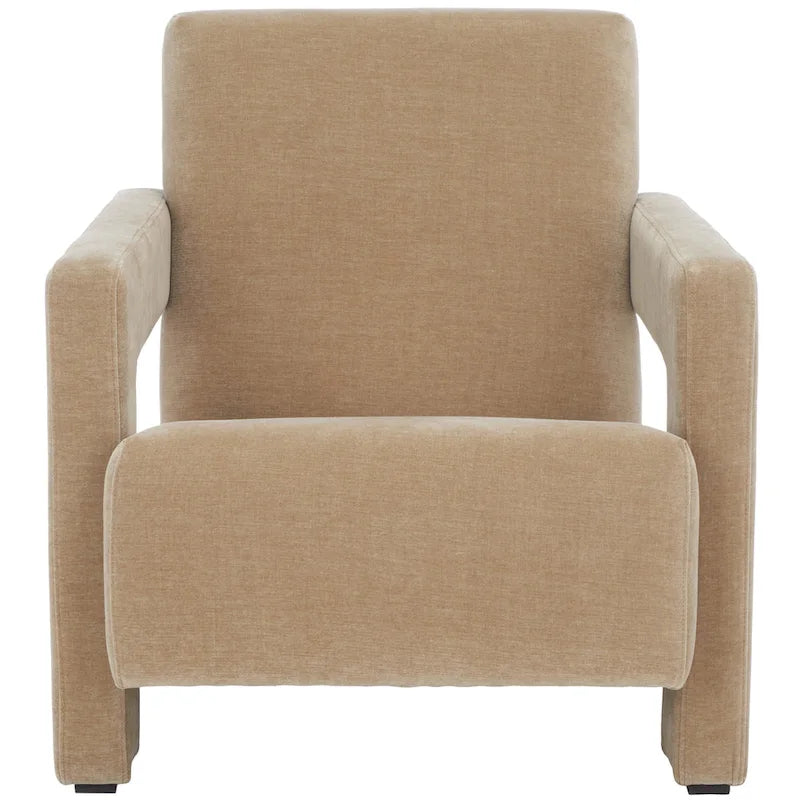 Fauteuil d'appoint moderne en velours, entièrement rembourré, avec dossier incliné, d'inspiration milieu de siècle.