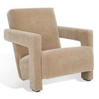 Fauteuil d'appoint moderne en velours, entièrement rembourré, avec dossier incliné, d'inspiration milieu de siècle.