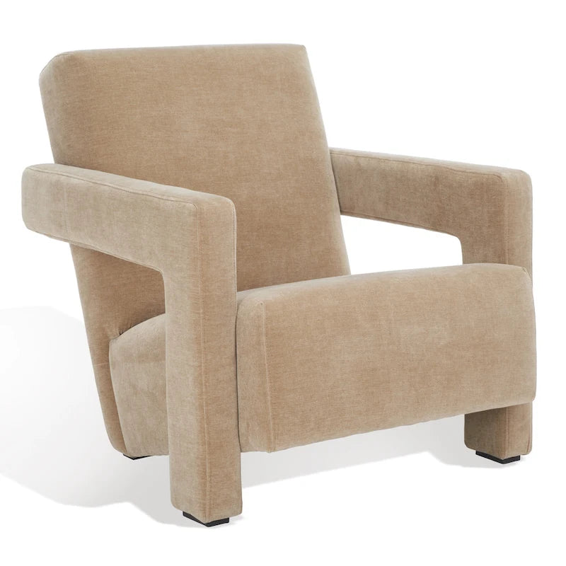 Fauteuil d'appoint moderne en velours, entièrement rembourré, avec dossier incliné, d'inspiration milieu de siècle.