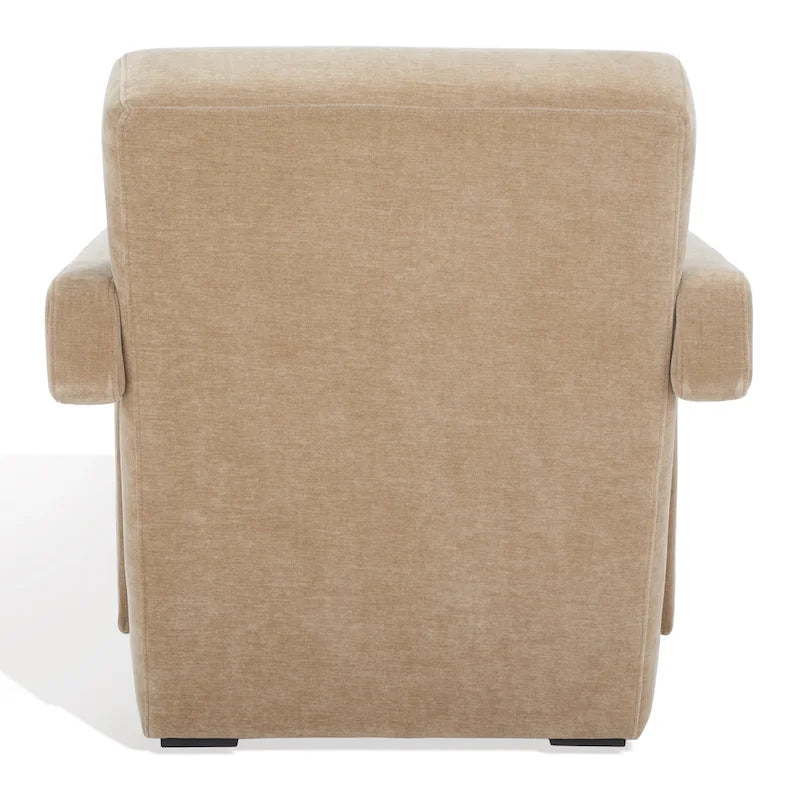 Fauteuil d'appoint moderne en velours, entièrement rembourré, avec dossier incliné, d'inspiration milieu de siècle.