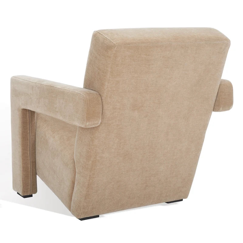 Fauteuil d'appoint moderne en velours, entièrement rembourré, avec dossier incliné, d'inspiration milieu de siècle.