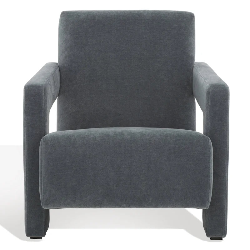 Fauteuil d'appoint moderne en velours, entièrement rembourré, avec dossier incliné, d'inspiration milieu de siècle.
