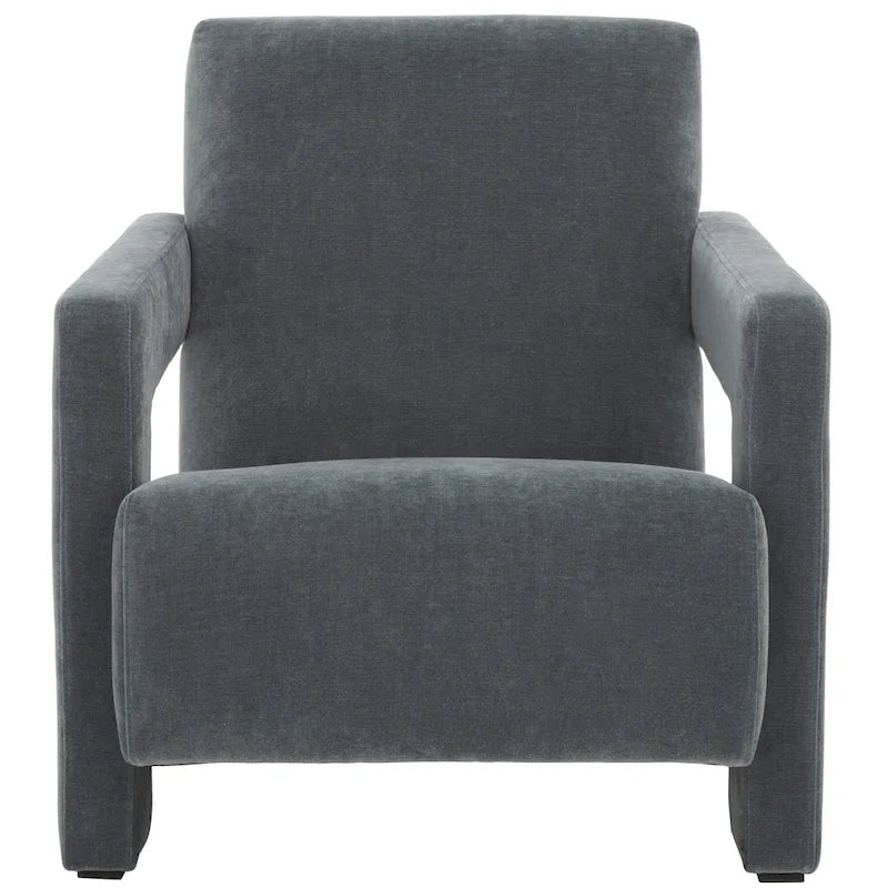 Fauteuil d'appoint moderne en velours, entièrement rembourré, avec dossier incliné, d'inspiration milieu de siècle.