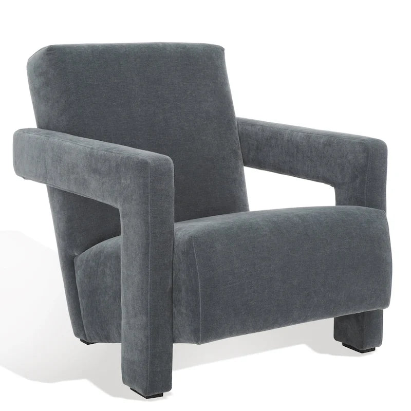Fauteuil d'appoint moderne en velours, entièrement rembourré, avec dossier incliné, d'inspiration milieu de siècle.
