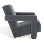 Fauteuil d'appoint moderne en velours, entièrement rembourré, avec dossier incliné, d'inspiration milieu de siècle.