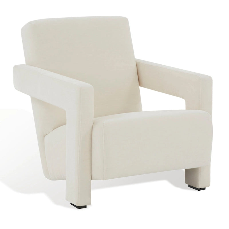 Fauteuil d'appoint moderne en velours, entièrement rembourré, avec dossier incliné, d'inspiration milieu de siècle.