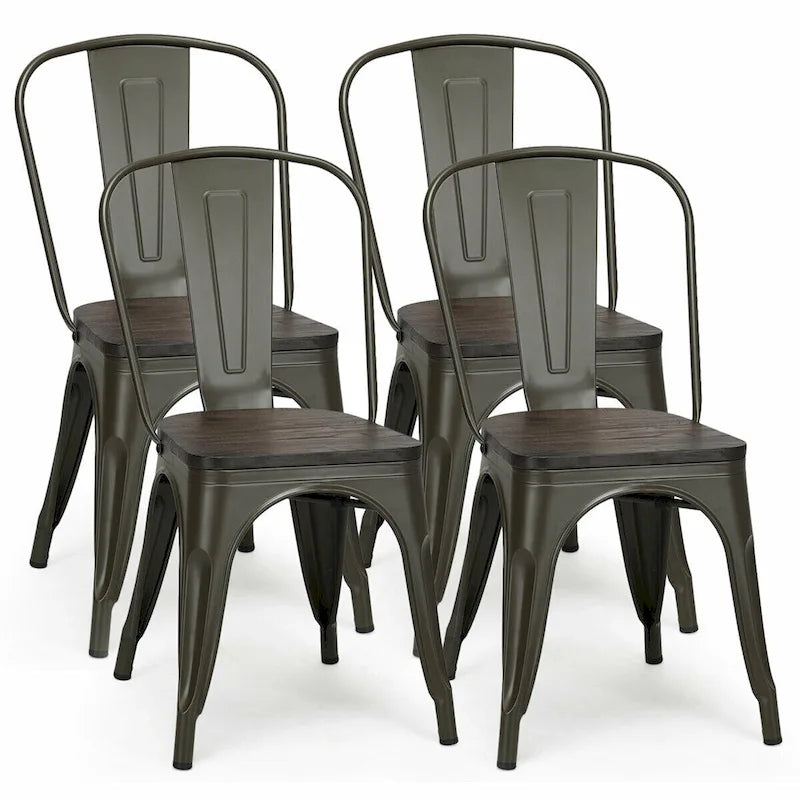 Lot de 4 chaises de salle à manger empilables en métal avec assise en bois massif, style bistro café