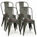 Lot de 4 chaises de salle à manger empilables en métal avec assise en bois massif, style bistro café