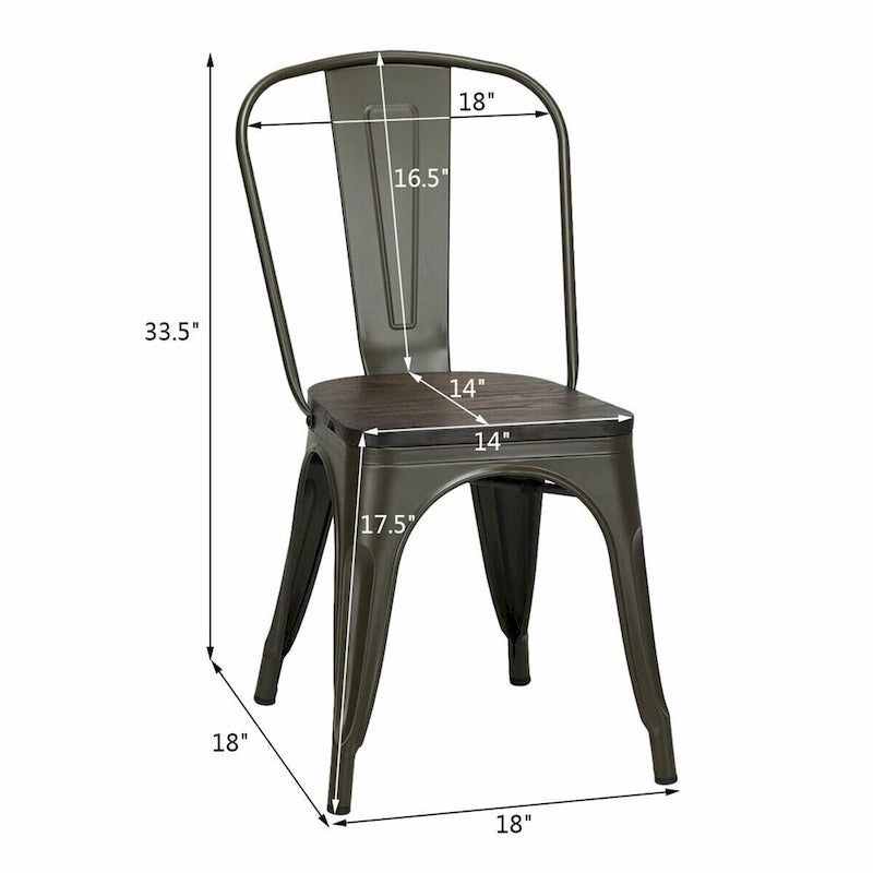 Lot de 4 chaises de salle à manger empilables en métal avec assise en bois massif, style bistro café