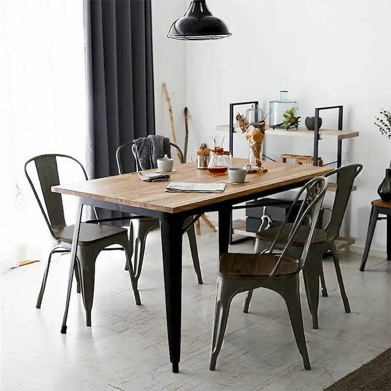 Lot de 4 chaises de salle à manger empilables en métal avec assise en bois massif, style bistro café