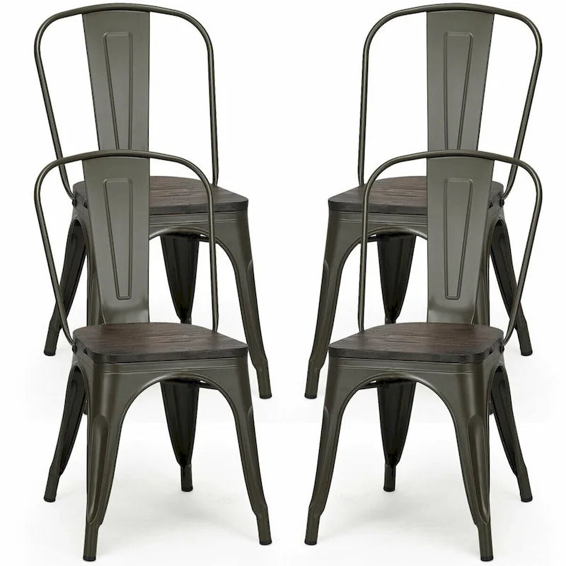 Lot de 4 chaises de salle à manger empilables en métal avec assise en bois massif, style bistro café