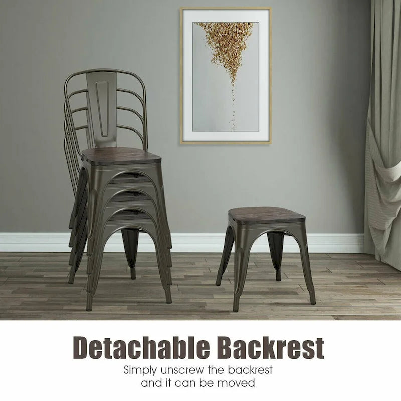 Lot de 4 chaises de salle à manger empilables en métal avec assise en bois massif, style bistro café