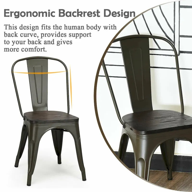 Lot de 4 chaises de salle à manger empilables en métal avec assise en bois massif, style bistro café