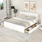 Lit plateforme en bois King Size avec quatre tiroirs de rangement et pieds de support