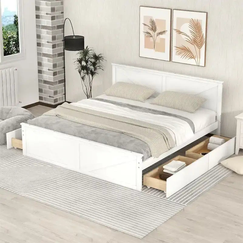 Lit plateforme en bois King Size avec quatre tiroirs de rangement et pieds de support