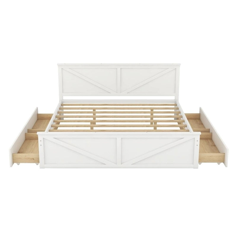Lit plateforme en bois King Size avec quatre tiroirs de rangement et pieds de support