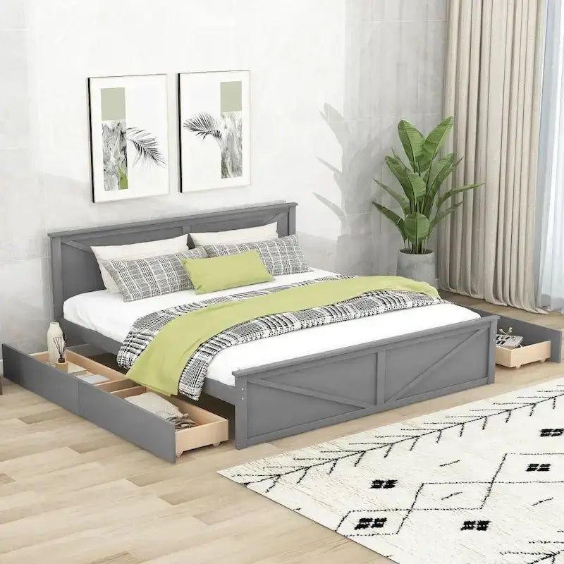 Lit plateforme en bois King Size avec quatre tiroirs de rangement et pieds de support