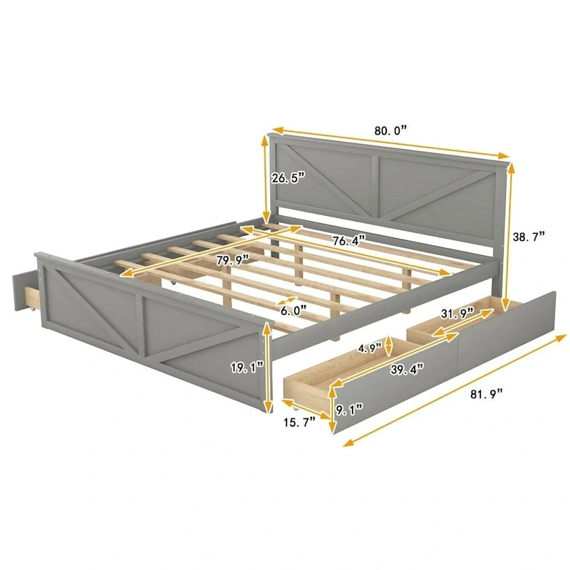 Lit plateforme en bois King Size avec quatre tiroirs de rangement et pieds de support